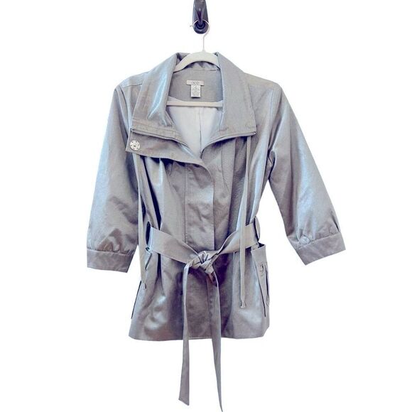 Cache Metallic Belted 3/4 Sleeve Trench Jacket Women’s Silver Size Small - Picture 1 of 7